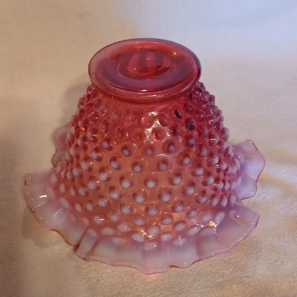 Fenton Pink Hobnail Glass Basket Opalecent Ruffled Cranberry Bowl Vase